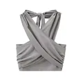 Close-up detail of a minimalist grey halter neck linen wrap top for summer wear - XS / Tops / Gray