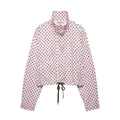 Stylish pink polka dot cropped jacket for women with stand collar and drawstring hem detail. - XS / Tops / Pink