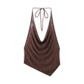Detailansicht eines braunen Halterneck-Oberteils aus Mesh mit Strass und asymmetrischem Saum - XS / Oberteile / Burgunderrot