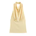 Elegant light yellow halter neck top with draped cowl neck and pleated waist detail - S / Tops / Light Yellow