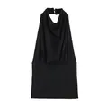 Close-up of black sleeveless halter top with elegant draped pleated neckline detail. - S / Tops / Black