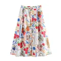 Women's holiday style midi skirt with fruit and bicycle print, button-down front - XS / Bottoms / Off-white with Multicolor Print