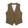 Classic brown linen blend V-neck vest waistcoat with five buttons for women, main view - XS / Tops / Red