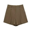 Women's high-waisted linen blend pleated shorts in olive brown with functional pockets - XS / Bottoms / Brown Coffee