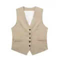 Elegant khaki linen blend waistcoat for women with a classic 5-button front closure - XS / Tops / Khaki
