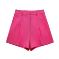Vibrant fuchsia high-waisted linen blend shorts for women with pleated front detail - XS / Bottoms / Rose Red