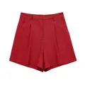 Elegant women's linen blend high-waisted pleated shorts in a vibrant red color SKU. - XS / Bottoms / Red
