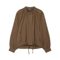 Vue détaillée d'une veste d'été marron à manches lanternes avec un ourlet à cordon - XS / Hauts / Marron