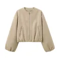Vue de face d'une veste bomber beige à col rond et fermeture éclair en tissu doux pour femme - S / Hauts / Kaki