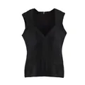 Top de punto tipo vendaje negro chic con cuello en V para mujer y silueta elástica. - S / Tops / Negro