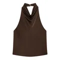 Elegante donkerbruine satijnen haltertop met een verfijnde gedrapeerde colhals-stijl - XS / Tops / Bruin