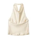 Elegante champagne satijnen haltertop voor dames met een glanzende zijdeachtige afwerking - XS / Tops / Beige