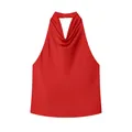 Elegante top de satén rojo con cuello halter que muestra la textura suave de tela - Rojo