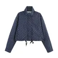 Navy blue and white polka dot loose short jacket featuring an adjustable drawstring hem design - S / Tops / Navy Blue