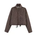 Stylish brown and white polka dot cropped jacket with stand collar and drawstring hem - S / Tops / Brown