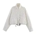 Stylish white loose jacket with black polka dots and drawstring hem - S / Tops / White