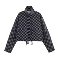 Fashionable black and white polka dot cropped jacket with drawstring hem for women - S / Tops / Black