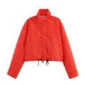 Stylish women's red and white polka dot cropped windbreaker jacket with drawstring hem - S / Tops / Orange Red