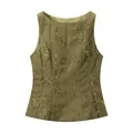Close-up of olive green sleeveless top featuring textured jacquard fringe details - S / Tops / Olive Green