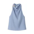 Elegantes hellblaues ärmelloses Neckholder-Top mit schickem goldenem Metallring-Akzent - Hellblau