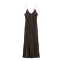 Brown satin slip dress with white contrast piping trim and V-neckline detail. - XS / Dresses / Brown