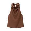 Eleganter brauner Neckholder-Top ohne Ärmel mit Metallring-Verzierung am Kragen. - Brauner Kaffee