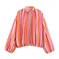 Vibrant multi-colored striped summer jacket with zipper and relaxed lantern sleeves. - Dark Stripe