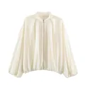 Chaqueta ligera de verano a rayas blanco roto con elegantes mangas abullonadas y cierre - XS / Top (XX12636) / Blanco roto