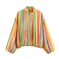 Vista detallada de la chaqueta informal para mujer con rayas verticales de colores - XS / Top (XX12636) / Rayado Amarillo