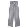 Detailed view of women's high-waisted straight-leg jeans in washed grey denim fabric - XS / Bottoms / Light Gray