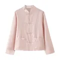 Elegant pale pink long-sleeved blouse with traditional knot closures and distinctive Mandarin collar - Pink