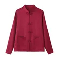 Burgundy long sleeve blouse featuring traditional Chinese knot buttons and front pockets. - Red