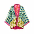 Detailed front view of a vibrant floral and geometric patchwork kimono style jacket - XS / Tops