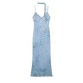 Full view of light blue polka dot tie-dye slip dress including matching skinny scarf. - XS / Dresses / Blue