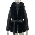 Detailed front view of a black hooded faux fur jacket with belted waist and leather sleeves - S / Tops / Black