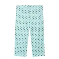 Gedetailleerd aanzicht van lichtblauwe Capri-leggings met een bruin stippenpatroon op wit. - XS / Bottoms / Blauw