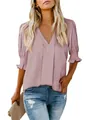 Detail of a mauve V-neck blouse with ruffled puff sleeves for stylish summer wear - S / Tops / Pink
