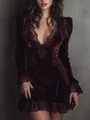 Elegant French style burgundy velvet dress featuring intricate lace trim details. - XS / Dresses / Burgundy