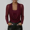 Elegante bordeauxrode top met gedrapeerde hals en transparante mesh mouwen voor dames - S / Tops / Bordeauxrood
