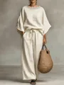 Detalle de conjunto blanco de lino de dos piezas con cuello de encaje y pantalones anchos. - S / Parte Superior e Inferior / Blanco Roto