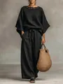 Conjunto de dos piezas de algodón y lino negro con cuello de encaje y pantalones anchos. - S / Parte Superior e Inferior / Negro