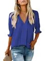 Elegant royal blue V-neck blouse featuring ruffled short sleeves for a chic summer look. - S / Tops / Sapphire Blue