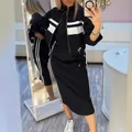 Sporty black two-piece set with white stripes including zip-up jacket and midi dress - XS / Top And Bottom / Black