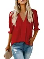 Detailed view of fashionable red V-neck short sleeve blouse with elegant puff cuffs and loose fit - S / Tops / Red