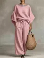 Elegantes rosa Leinen-Set mit detailliertem Spitzenausschnitt und weit geschnittener Hose - Rosa