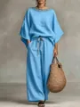 Elegante conjunto de dos piezas de algodón y lino azul claro con cuello bordado y pantalón - S / Parte Superior e Inferior / Azul cielo