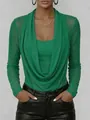 Elegante groene top met watervalhals, mesh mouwen en een slanke pasvorm voor een chique look - Groen