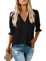 Elegant detail of black V-neck summer blouse featuring stylish smocked ruffled cuffs - S / Tops / Black