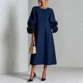Detail of navy blue cotton linen dress with 3D floral lantern sleeves - XS / Dresses / Navy Blue