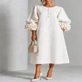 Elegant white linen midi dress featuring 3D floral lantern sleeves in a French style - XS / Dresses / White